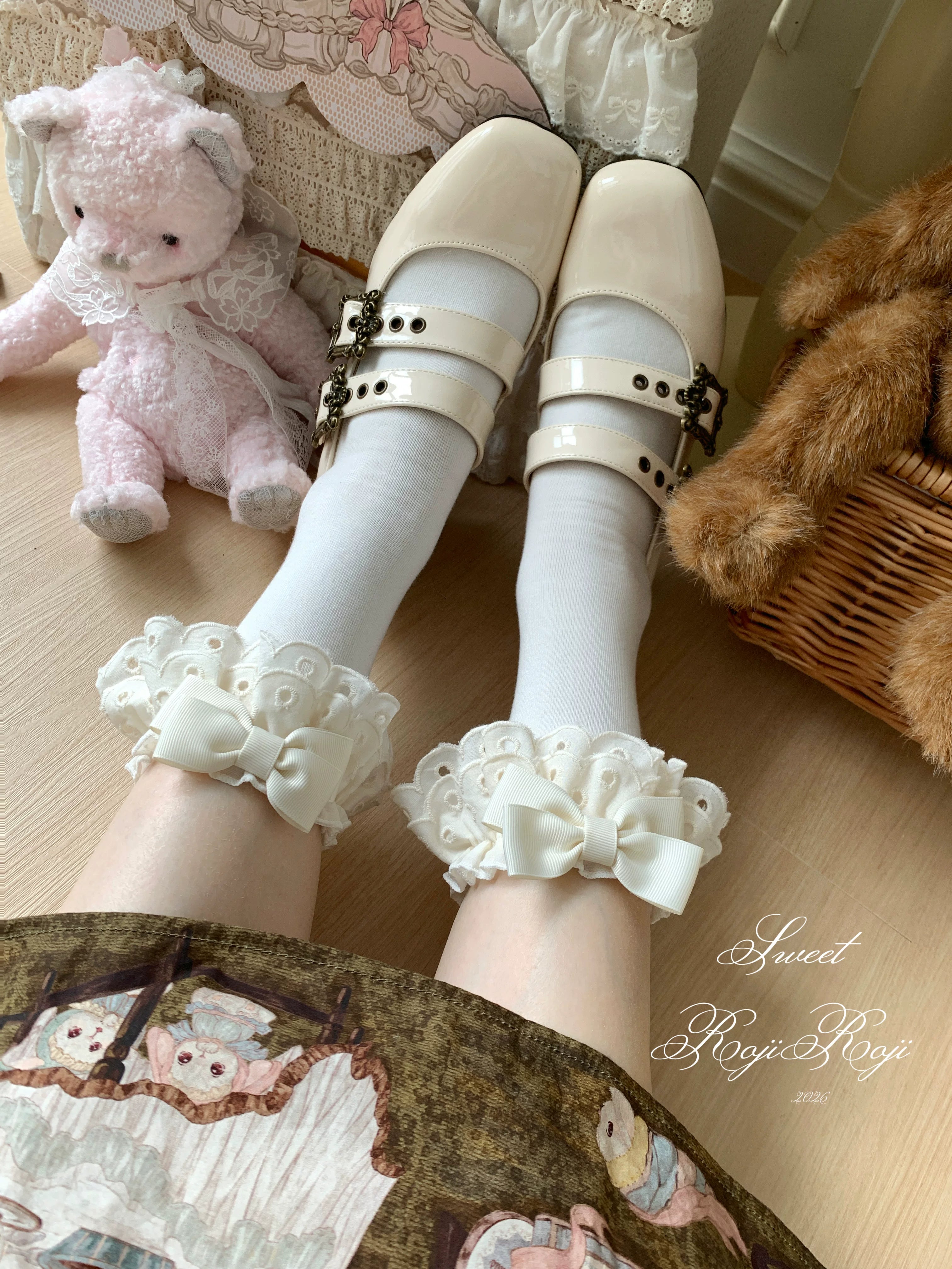 Cotton Classic Lolita Calf Socks, Double Layer Trim & Bow 45730:859924