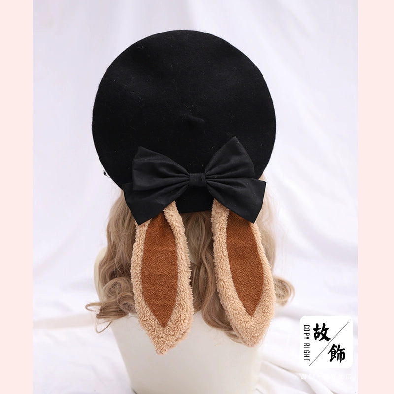 The Accessories' Story - Kawaii Lolita Beret, Detachable Bunny Ears & Bow (M / Black) 44235:800160