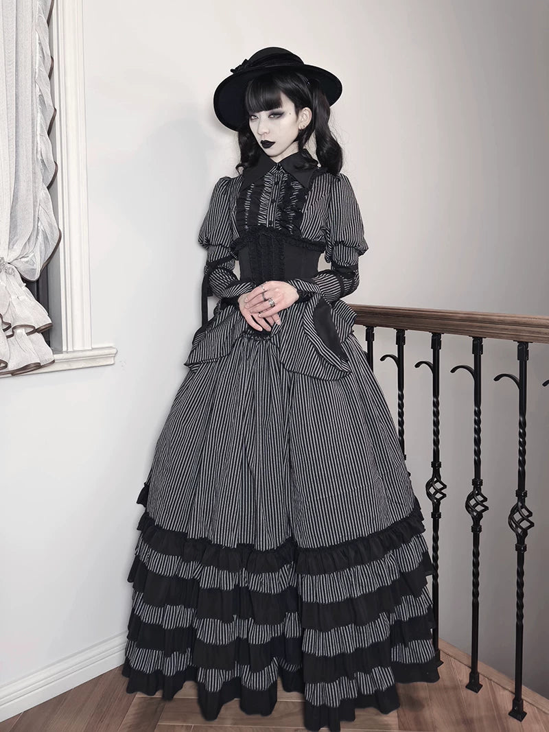 Striped Wednesday - Gothic Lolita Striped Blouse Set, Ruffled Corset 45176:838922