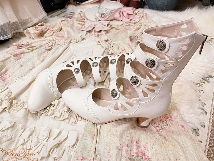 Sentaro~Floral Carved~Vintage Lolita Shoes Mary Jane Hollow-out Ankle Boots (White / 33 34 35 36 37 38 39 40 41 42) 41822:714874