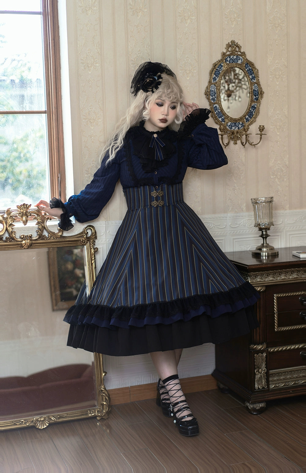 (Buyforme)Miss Point~Customized Lolita Elegant Striped High Waisted Fishbone SK   