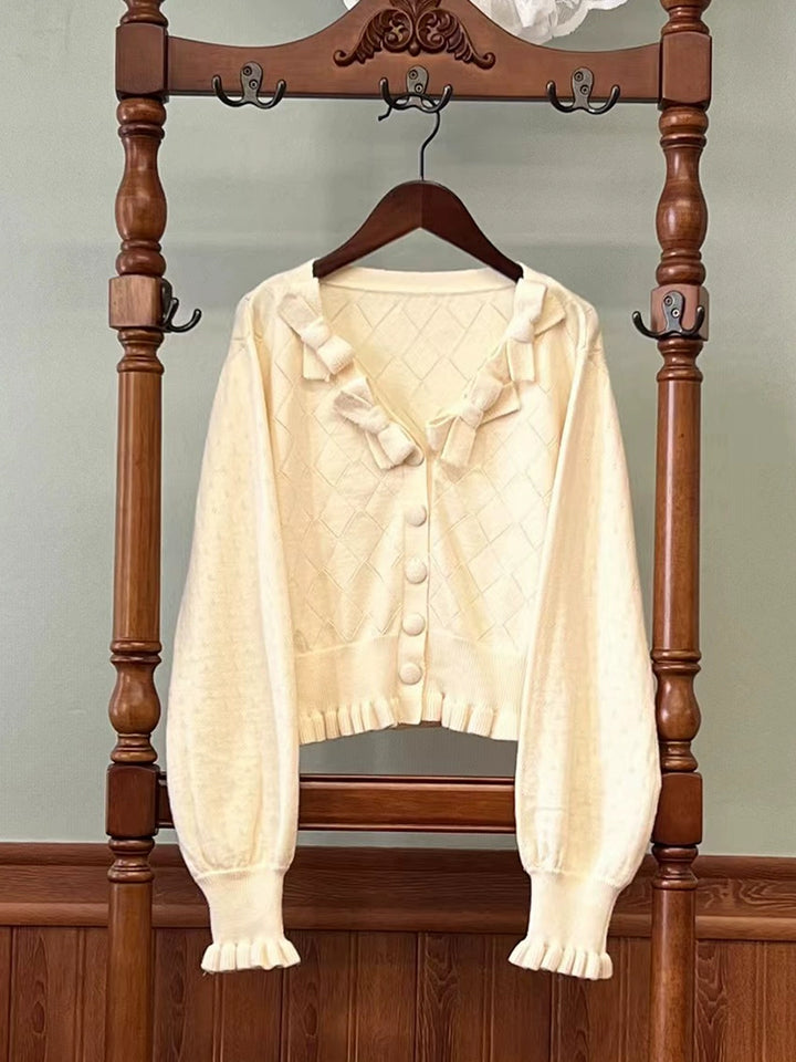 Alice Girl~Fox Band~Sweet Lolita Cardigan Bow Ruffled Sweater Creamy White Cardigan Only S