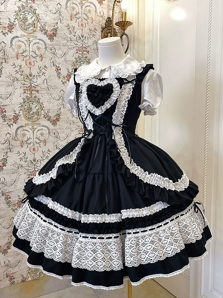White Moon~Lost Heartbeat~Old School Lolita JSK Dress With Heart-Shaped Decoration Black JSK (without shirt) S