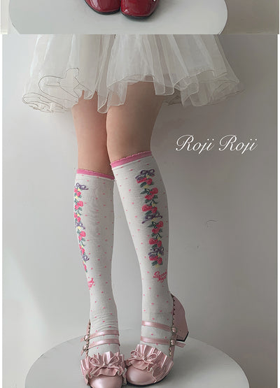 Roji Roji~Autumn Sweet Lolita Cotton Thigh-high Socks rose pink over-the-knee socks free size 