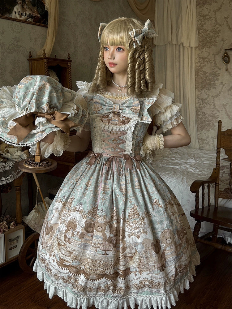 Wendy's Wardrobe - Macaron Bear - Cotton Kawaii Lolita Dress Suit, Bear & Dessert Print