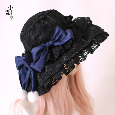 Xiaogui~Retro Lolita Hat Lace Handmade Doll Hat with Multicolor Bows free size black hat with dark blue bow 