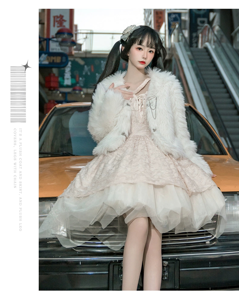 Urtto~Snow Song~Winter Lolita Coat Faux Fur Warm Plush Set S white 