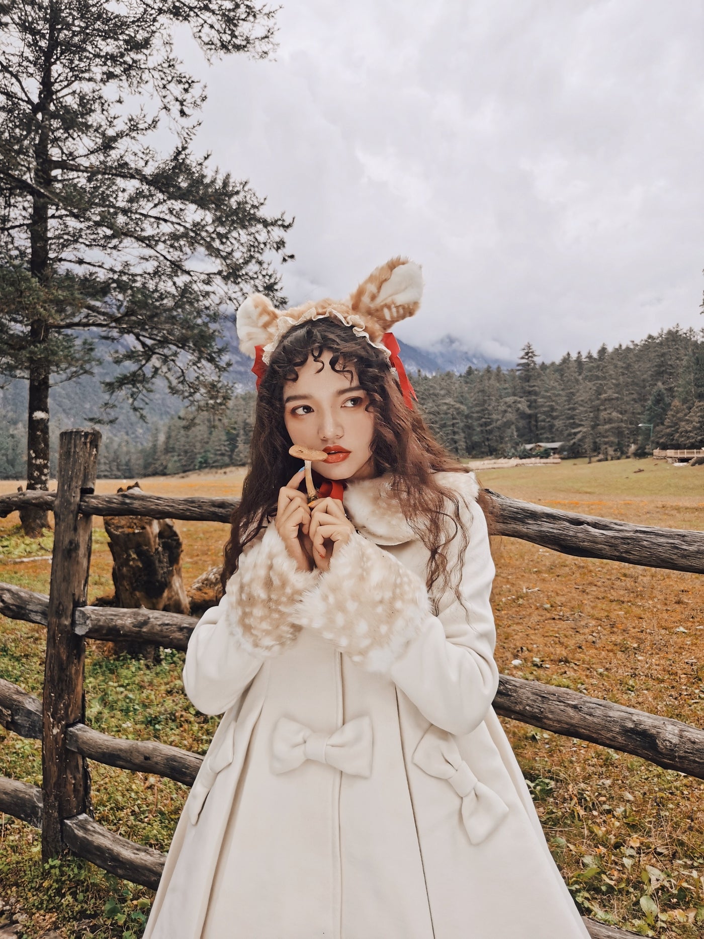 Unideer~Winter Lolita Coat Wool Bow Overcoat S Milky White 