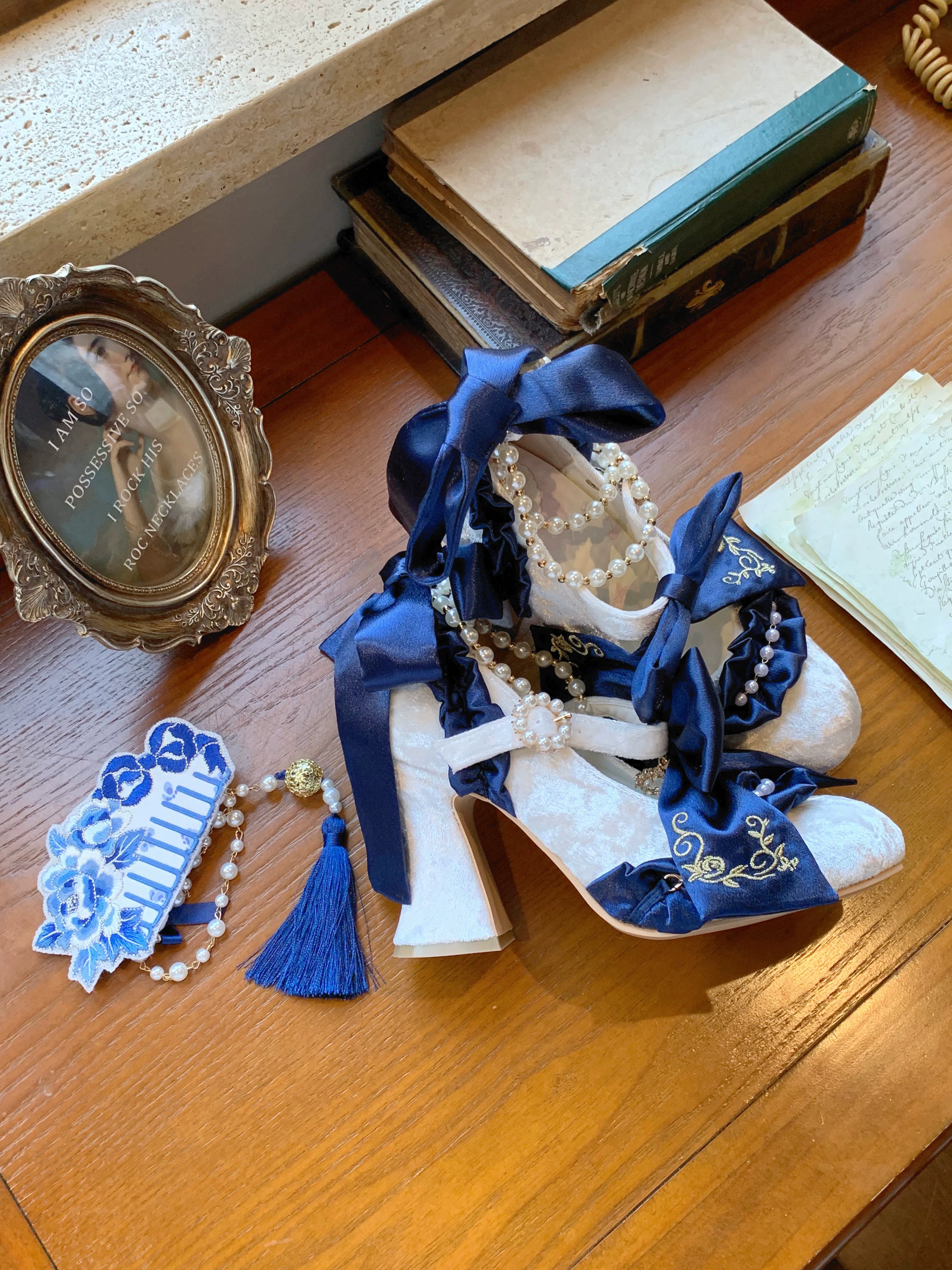 Ribbon Anthem - Wedding Classic Lolita Heels, Detachable Bow & Pearl Ribbon (Navy-blue / 34 35 36 37 38 39 40 41) 44844:825869