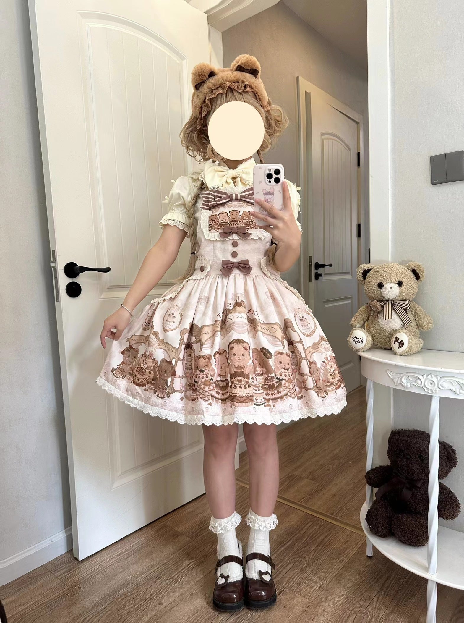 Akiyama Future Studio - Cute Lolita Salopette Dress Bear Print One Size Cocobear Chocolate Salopette
