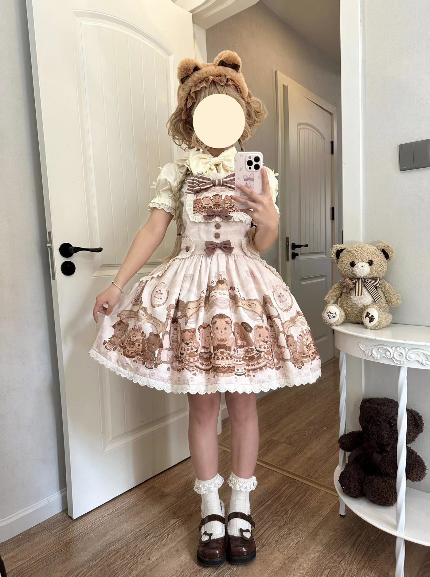 Akiyama Future Studio~Cute Lolita Salopette Dress Bear Print Free Size Cocobear Chocolate Salopette 