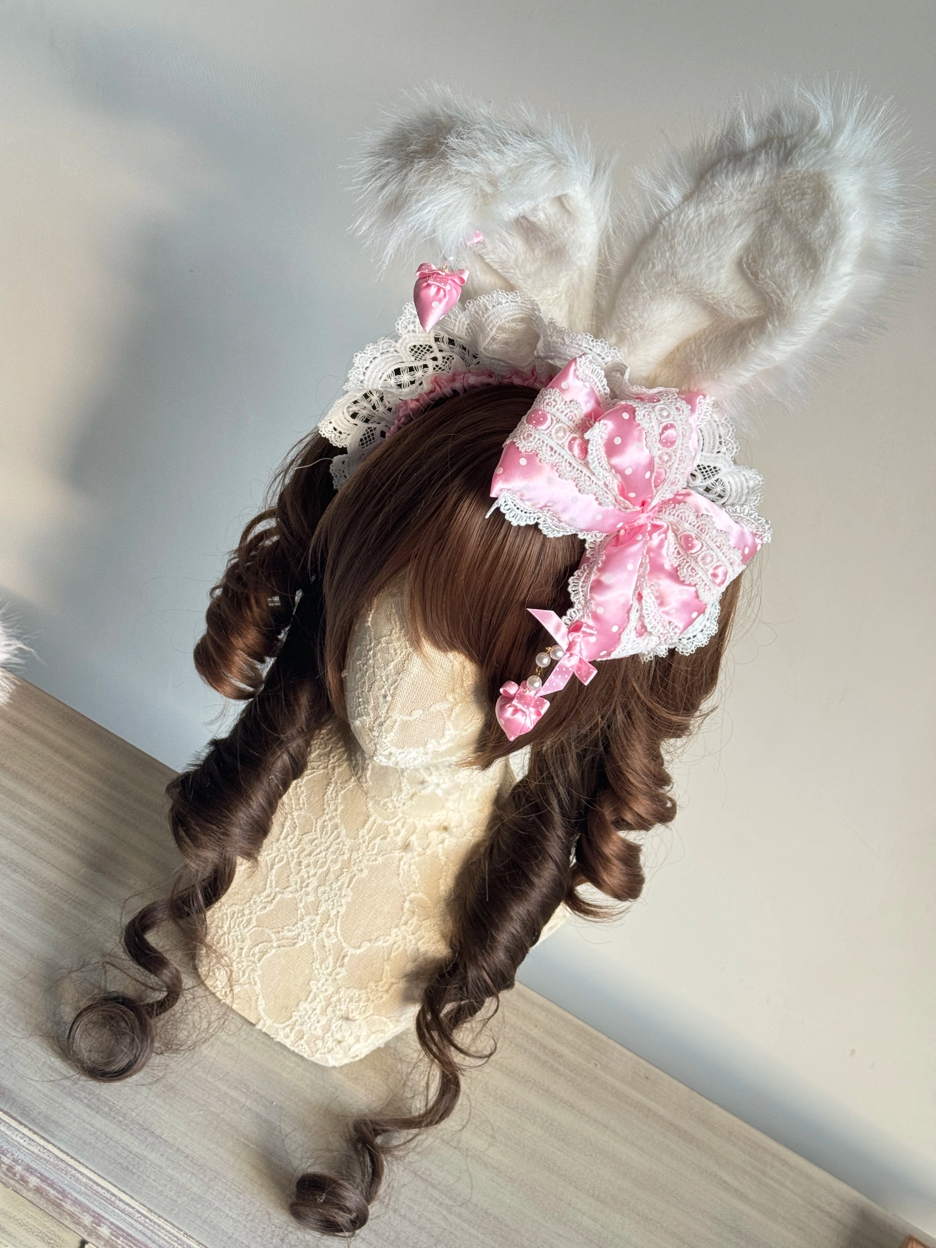 MAID - Sweet Lolita Headdress, Polka Dot Bow, Bunny Ear Dark Pink Bow + White Bunny Ears