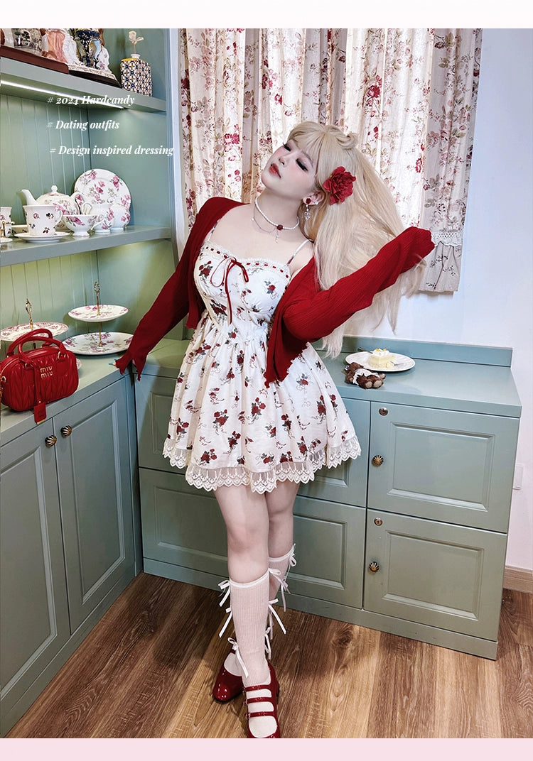 Yingtang~Plus Size Lolita Dress Rose Floral Print Dress Cardigan Set   