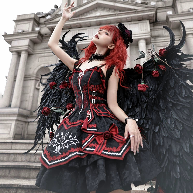 OCELOT - Dark Bat Motion - Gothic Lolita JSK Black Red Goth Jumper Dress