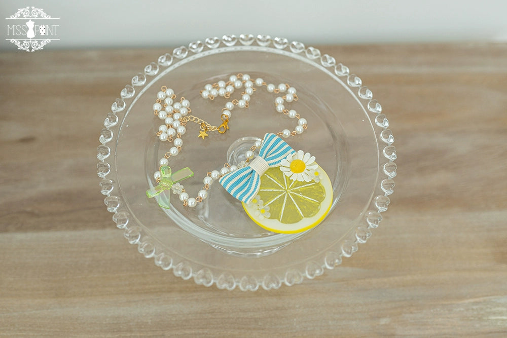 Miss Point~Daisy Lemon~Kawaii Lolita Lemon and Flowers Accessory large lemon bow necklace-blue  