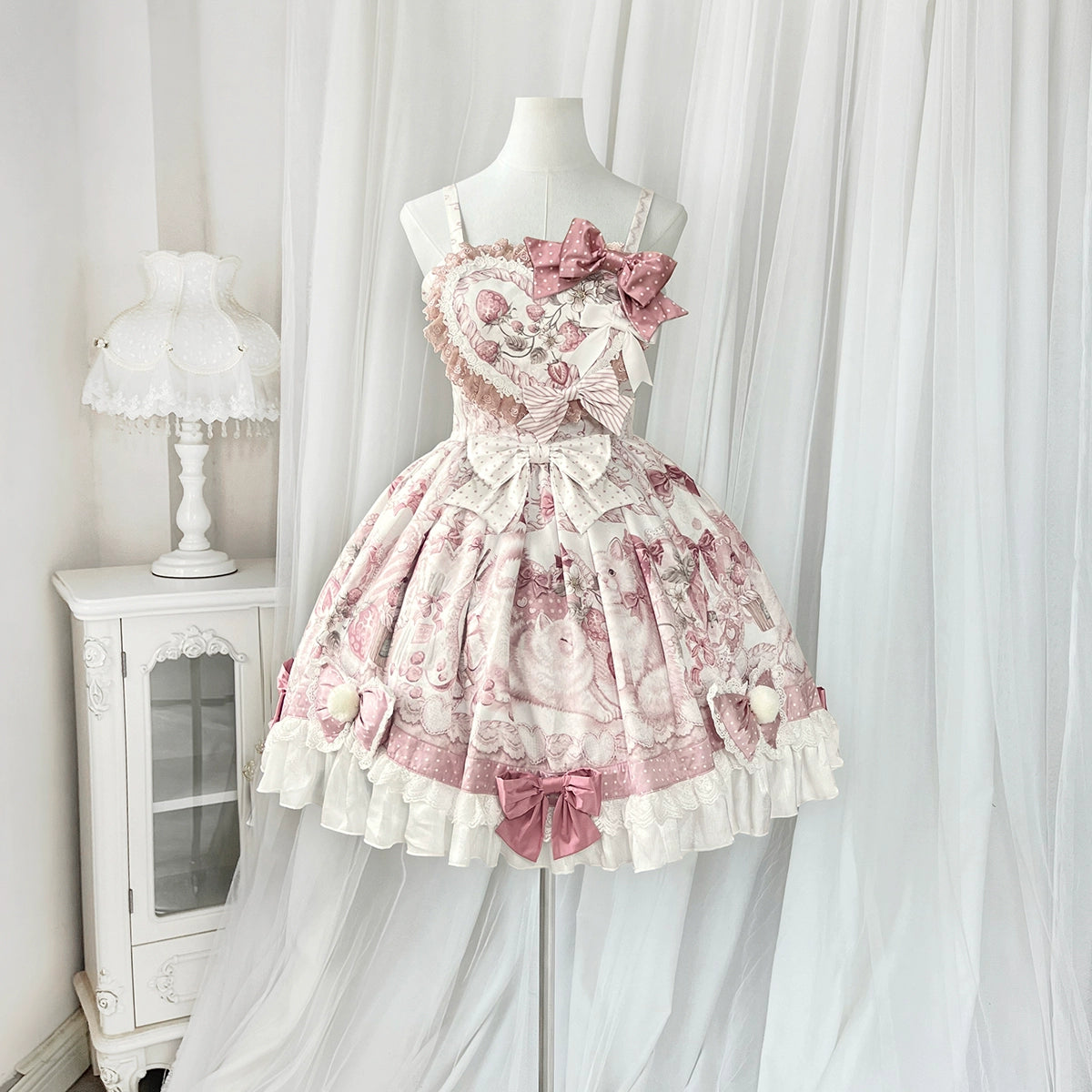 Matutu - Dessert Catlets - Sweet Lolita JSK, Strawberry And Cat Prints