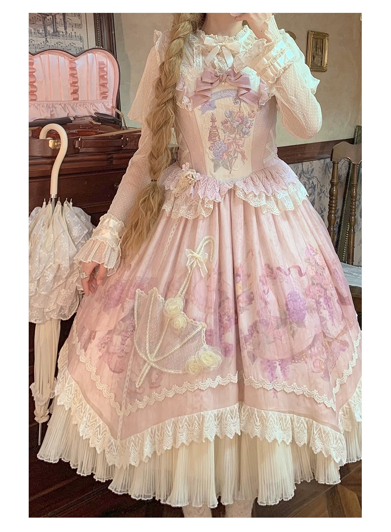 Urtto~Rain Melody~Classic Lolita Dress Set JSK OP and Accessory Pink - Printed Version - JSK Only S