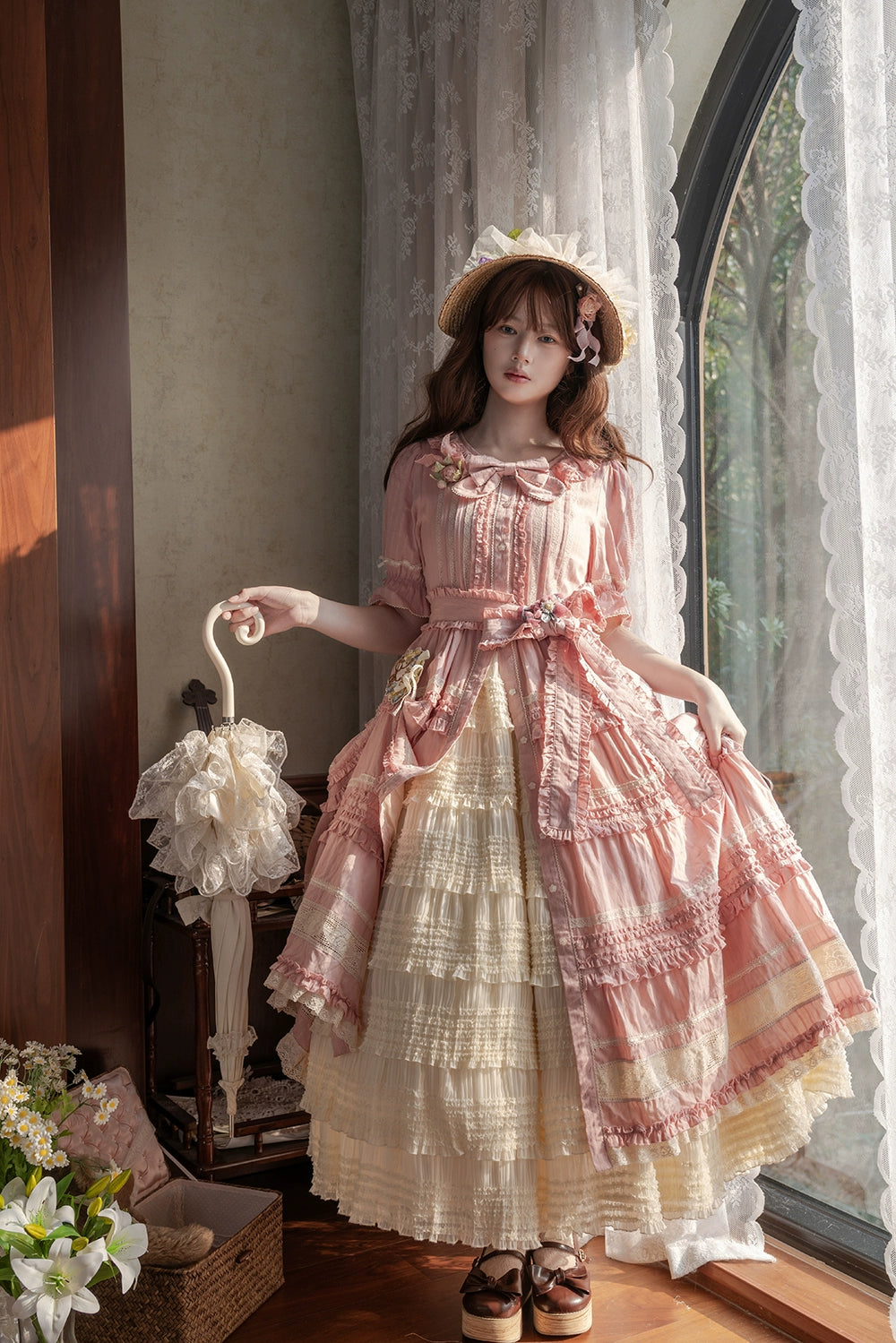 Miss Point~Cat Rose Tea~Elegant Lolita OP Open-front Short Sleeve Tiered Dress