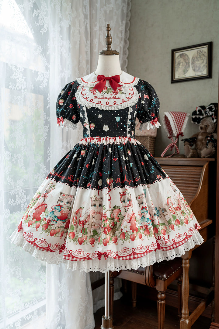 GD Lolita~Cat Strawberry Garden~Sweet Lolita Dress High Waist JSK Strawberry Print OP (L M S XL) 40626:669634