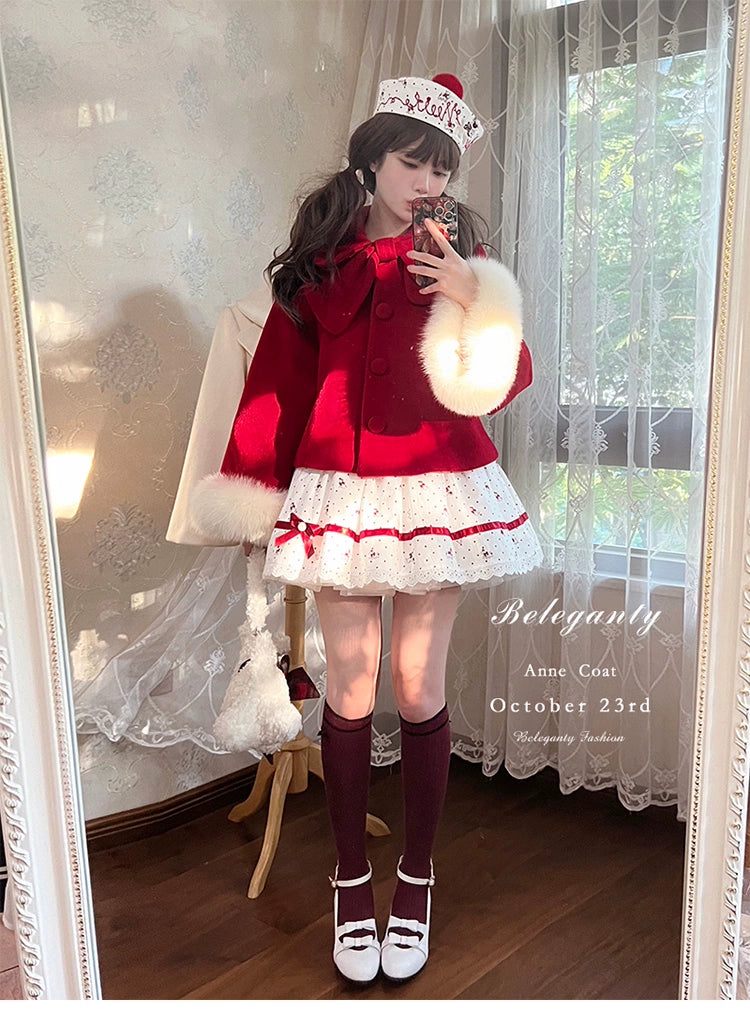 Beleganty~Annie~Retro Lolita Short Coat Woolen Bell Sleeve Outwear Red 70% wool version-S  