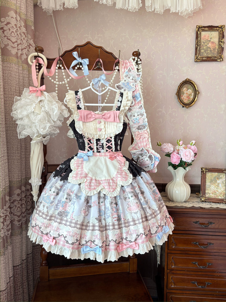Shattered Lace Dream - Shattered Cat - Cat Printed Kawaii Lolita JSK Dress, Embroidered Sash Black and Pink JSK+Apron+Waist Tie S