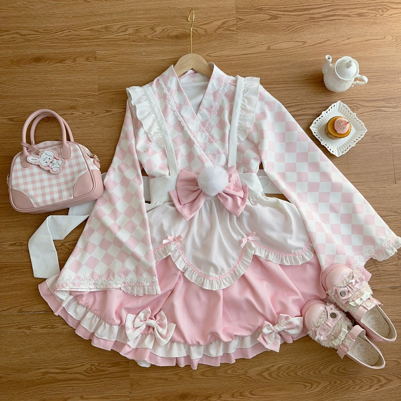 Hanguliang~Kawaii Lolita OP Dress Maid Lolita Summer Dress Pink (skirt + top + apron + waist bow) S 