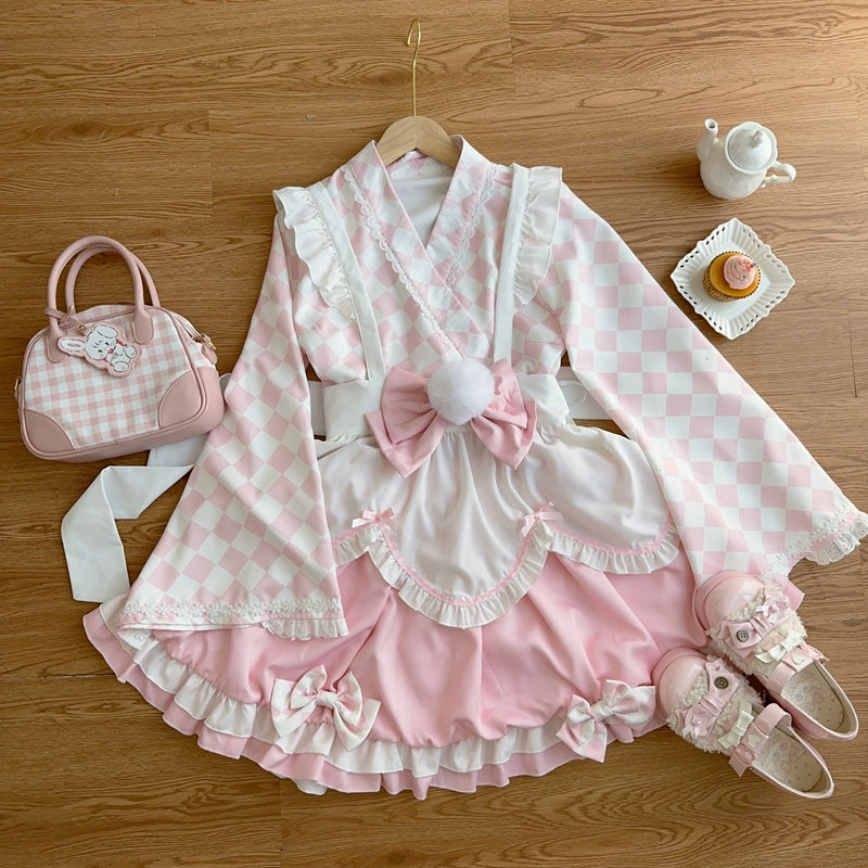 Hanguliang - Kawaii Lolita OP Dress Maid Lolita Summer Dress Pink (skirt + top + apron + waist bow) S