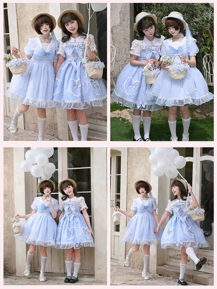 Daisy Cake - Blue Plaid Sweet Lolita JSK Dress, Daisy-trimmed Bows