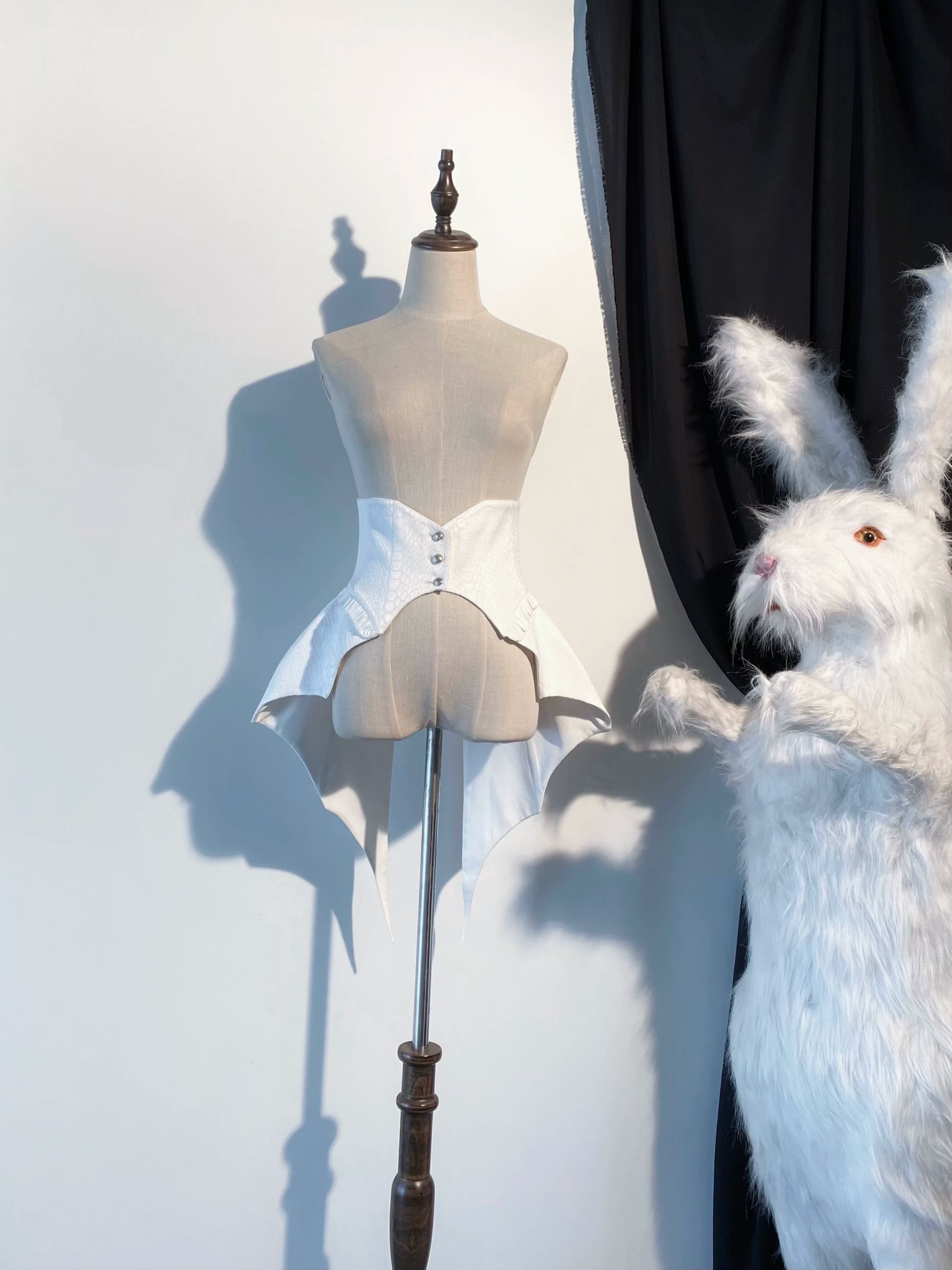 Blue Moon Bone Erosion - Gothic Lolita Waist Cincher, Bat Wing Hem (White / L M S XL) 44453:809560