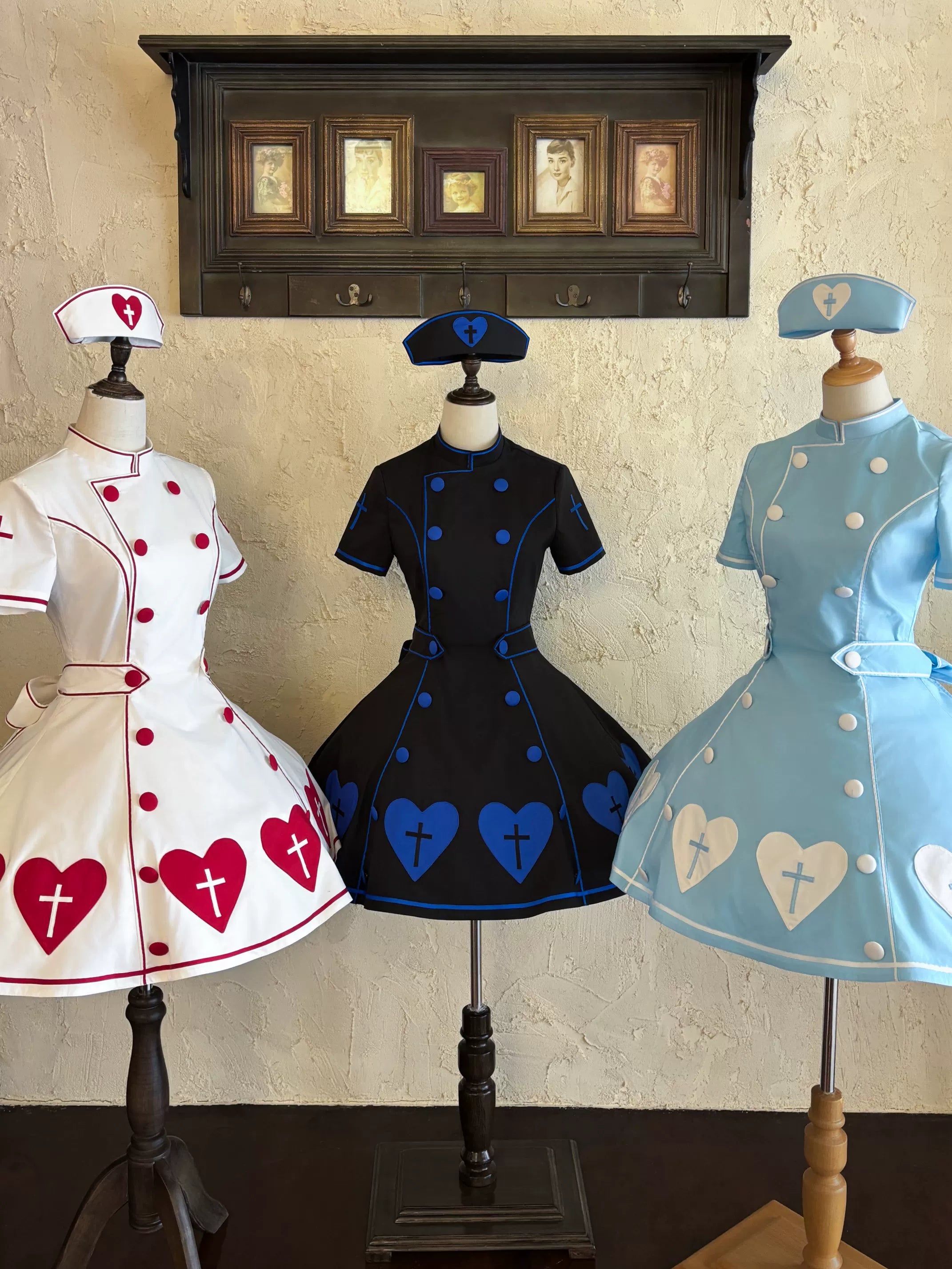 Sweet Heart Hospital - Old School Lolita Stand Collar OP Dress, Heart-cross Patches