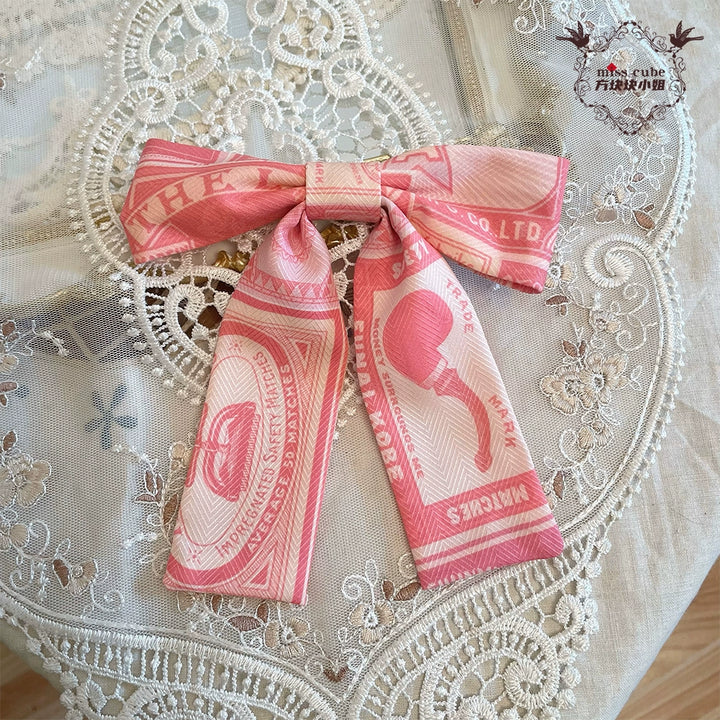 Miss Cube - Antique Label - Retro Lolita KC Straw Hat Bow Tie Peach Pink Bow Tie