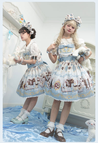GD Lolita~Alice Rabbit~Kawaii Lolita Rabbit Print Blue Dress   