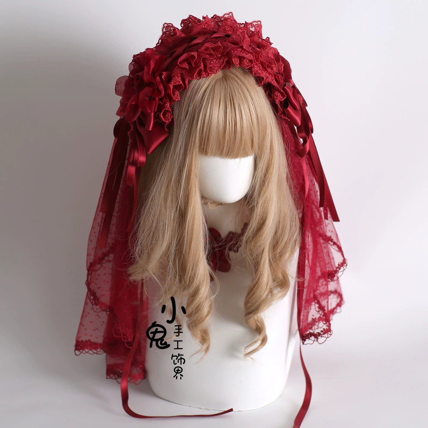 Dark Red Gorgeous Headdress, Floral Veils 8. Hairband with Large Veil (with fixed clip)
