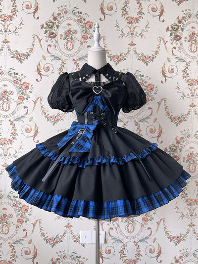 Alice Girl~Gothic Lolita Dress Blue Plaid Jumper Dress XS black blue (new version, without ruffle on bust) 