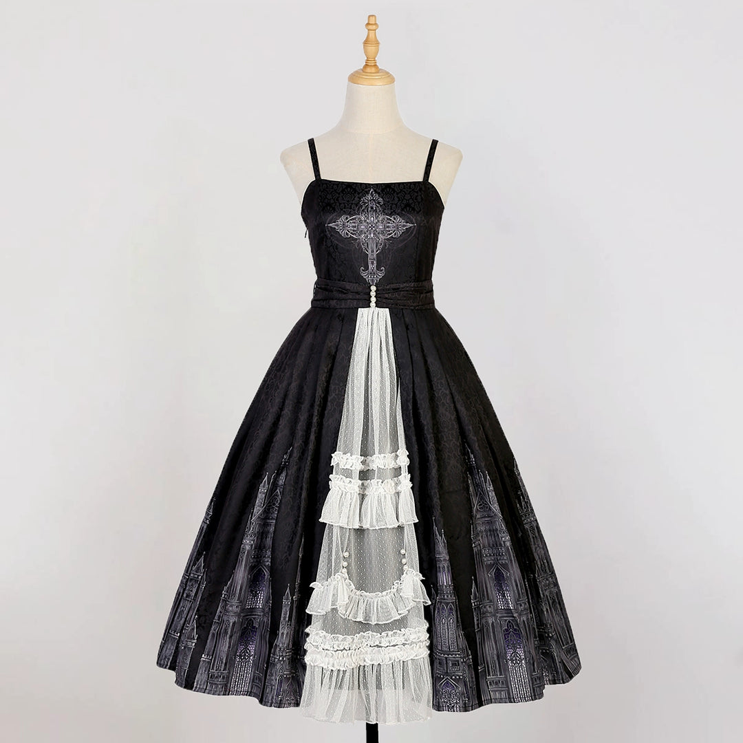 Cornfield Lolita~Silent Church~Gothic Lolita JSK Dress Printed Dress Thin Shawl Set S black JSK 