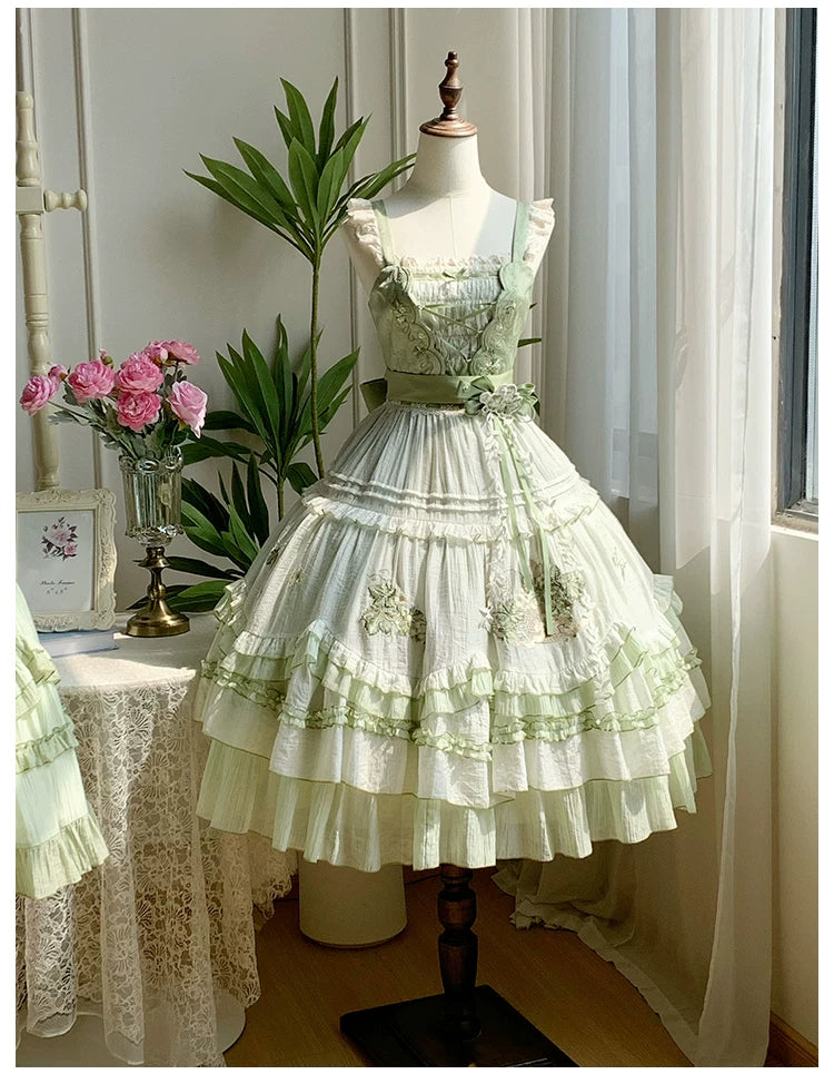 Green Grape - Embroidered Country Lolita OP Dress, Tiered JSK