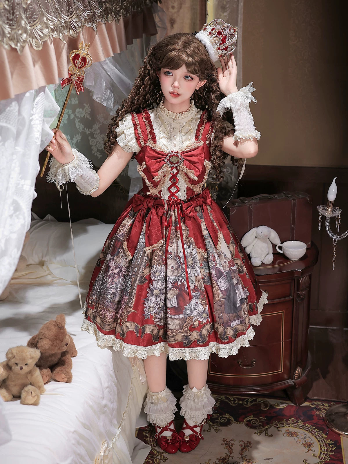 Mysterious Ribe - Red Classic Lolita Jumper Skirt & Blouse Set, Rabbit Print 45968:870071