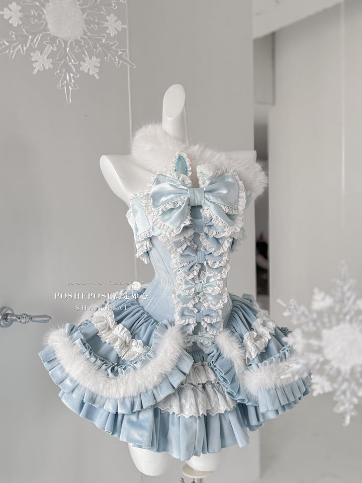 POSHEPOSE~Chuling Swan Lake~Sweet Lolita JSK Set Velvet Blue Dress for Prom JSK + White fur halter + Detachable narrow shoulder straps XS