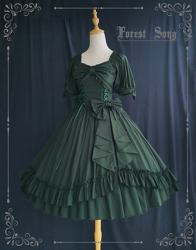 Forest Song~Elegant Lolita Solid Color Bow OP Dress Multicolors S dark green OP 