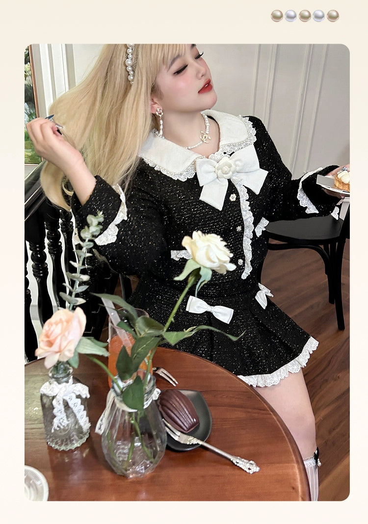 HardCandy~Plus Size French Style Suit Long Sleeve Black Coat Bow Skirt   