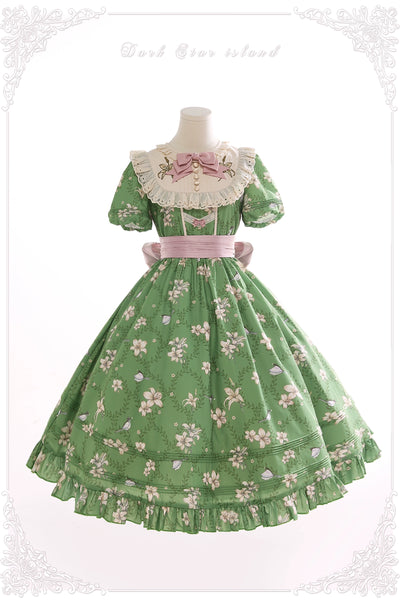 Dark Star Island~Lily&Mountain Breeze~Lily Printed Embroidery Lolita Long/Short OP S Long OP in green 