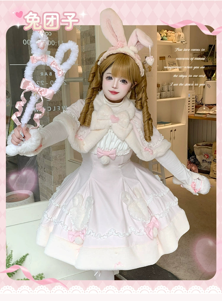 Mengfuzi - Bunny Mochi - Winter Doll-like Sweet Lolita Cape Dress Set 44099:795927