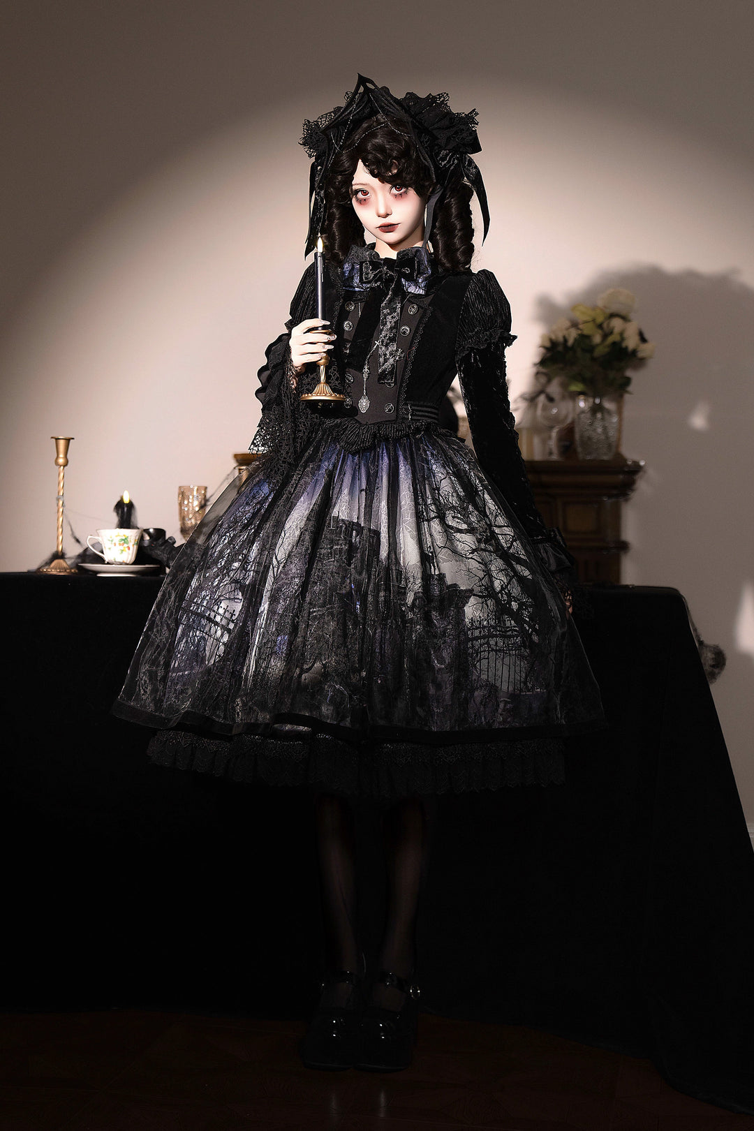 LilithHouse~Horror House~Gothic Lolita OP Set with Cape and Castle Print