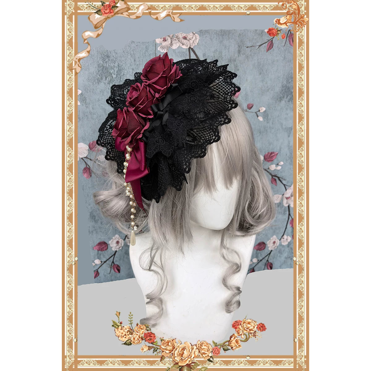 Elegant Lolita Hanamaru Hair Clip, Rose Bow & Pearl-like Chain 46096:874840