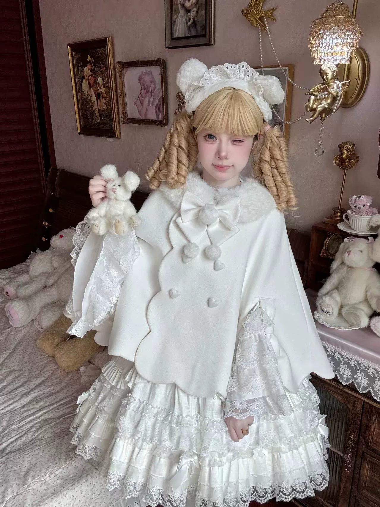 Jiuniangtutao - Sweet Wine Bunny - Scalloped Sweet Lolita Cape, Bunny Ears 44358:805293