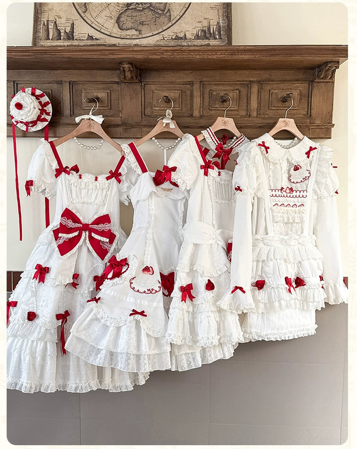 Mademoiselle Pearl - Cup Cake - White, Red Bow, Sweet Lolita Dress Set 43333:773871