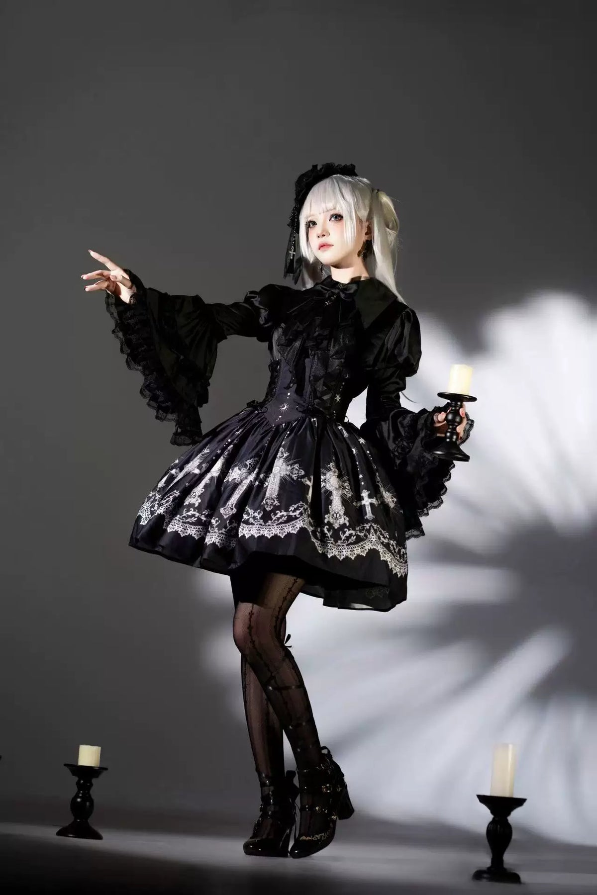 Star Remains Prayer - Elegant Gothic Lolita JSK & OP Dress Set, Cross & Moon Prints 46014:872458