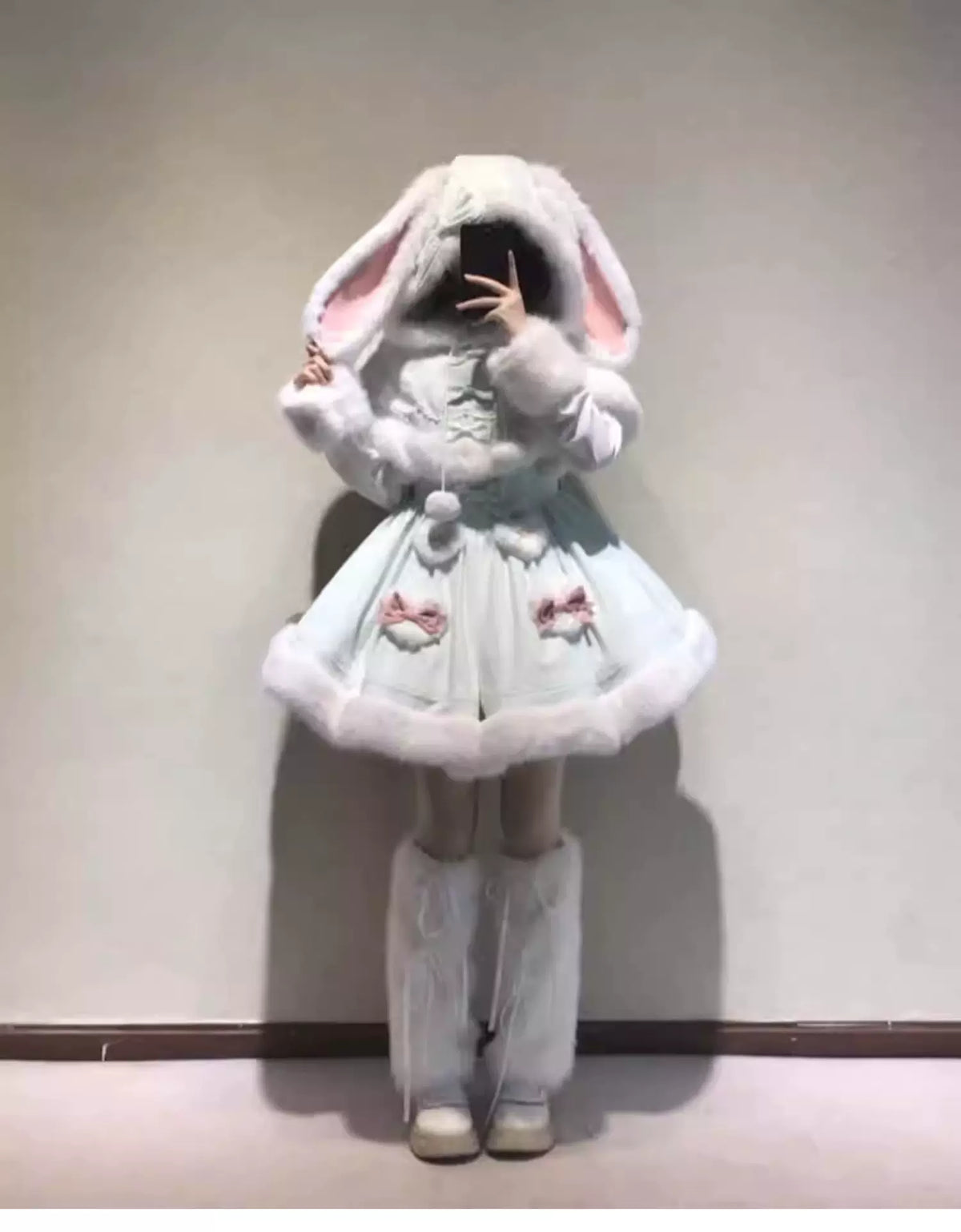 Sweet Dream Bunny - Sweet Lolita Cape & JSK Dress Set, Faux Fur Bunny Ear 46120:875823