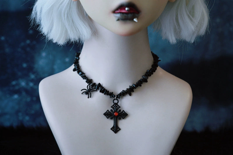 Strange Sugar - Handmade Gothic Lolita Choker, Multiple Pendant Ruby Cross