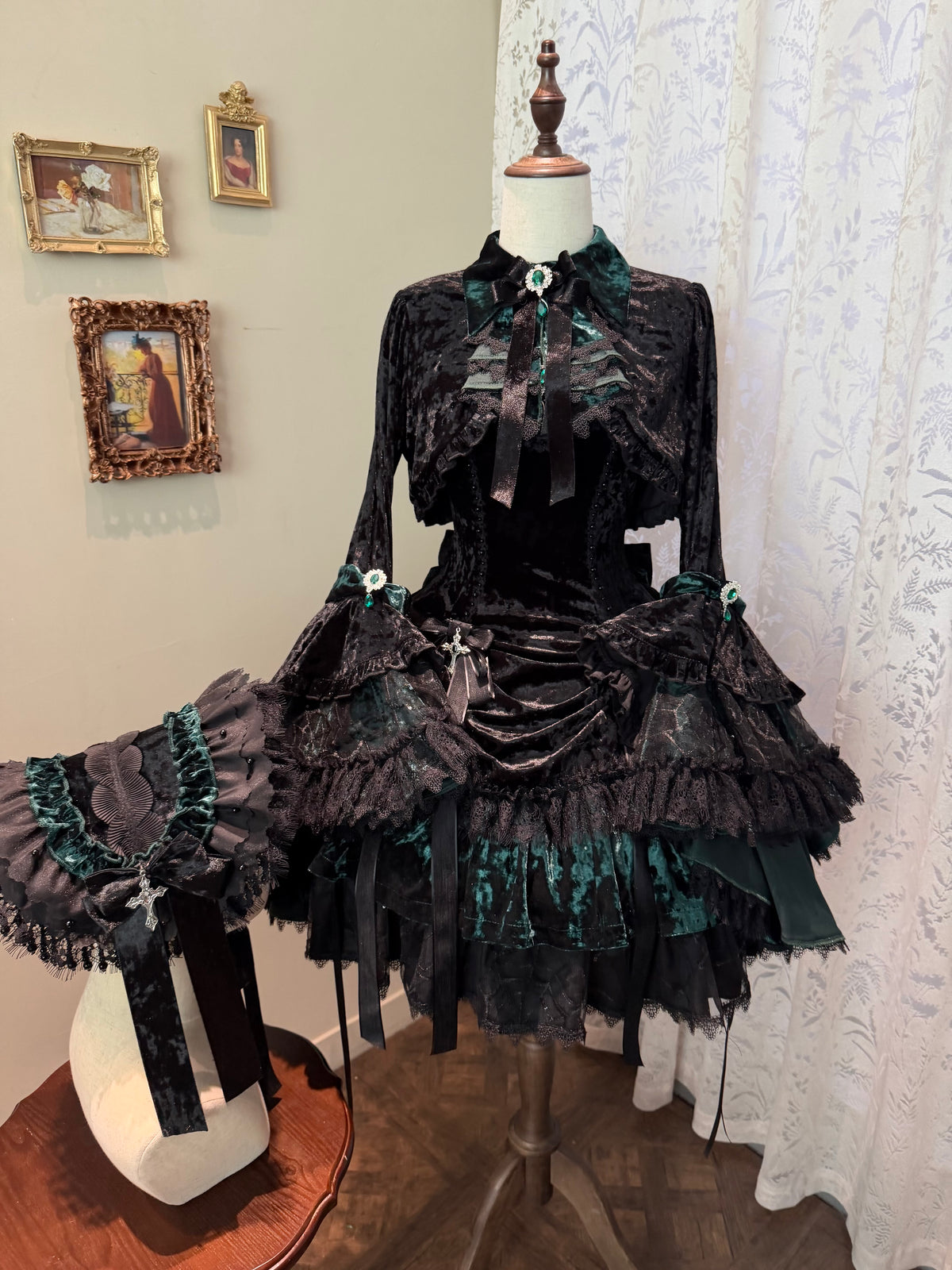 Dark Raven Poem - Gothic Lolita JSK & Bolero Dress Set, Diamond Velvet (Green / L M S XL) 45967:869767